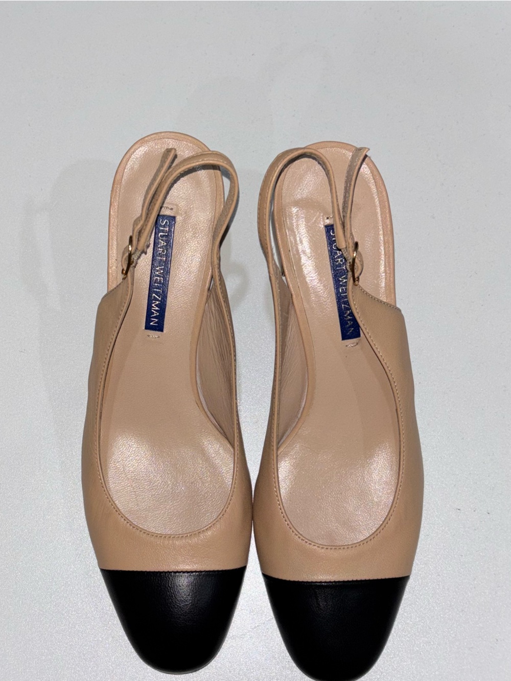 Stuart Weitzman Beige Slingback Heels with Black Cap Toe